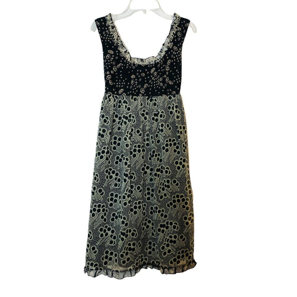 Anna Sui for Anthropologie 100% Silk Floral Dress Womens Size 0 Black Tan